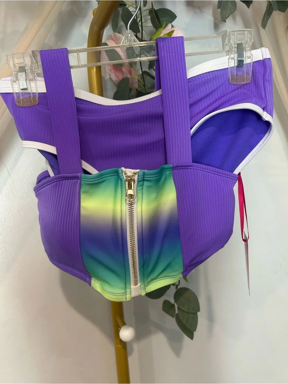 Justice Girls XL 16/18 Purple Ribbed Colorblock 2 Piece Bikini Swimsuit NWT